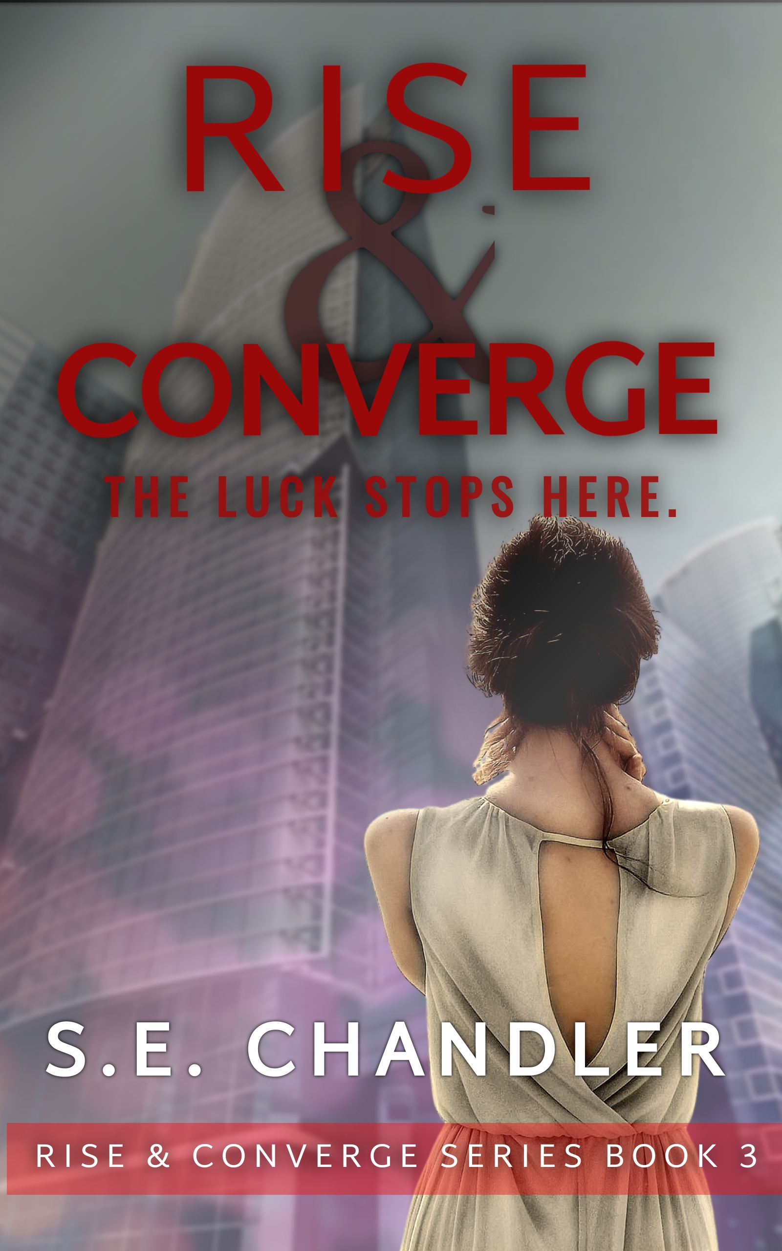 Book Cover, back of woman facing huge futuristic building